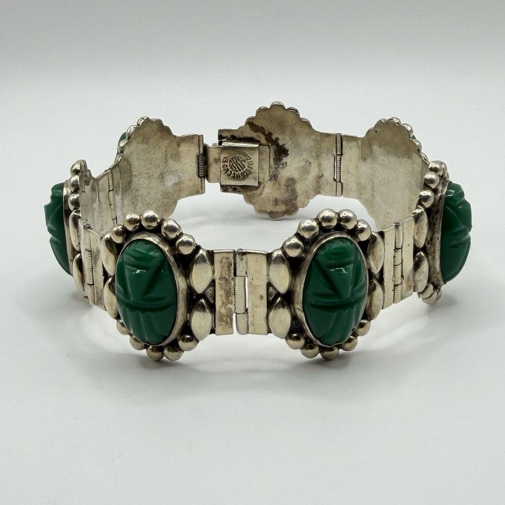 925 Sterling Silver Green Onyx Carved Mask Panel Bracelet 7.5" 34.2g